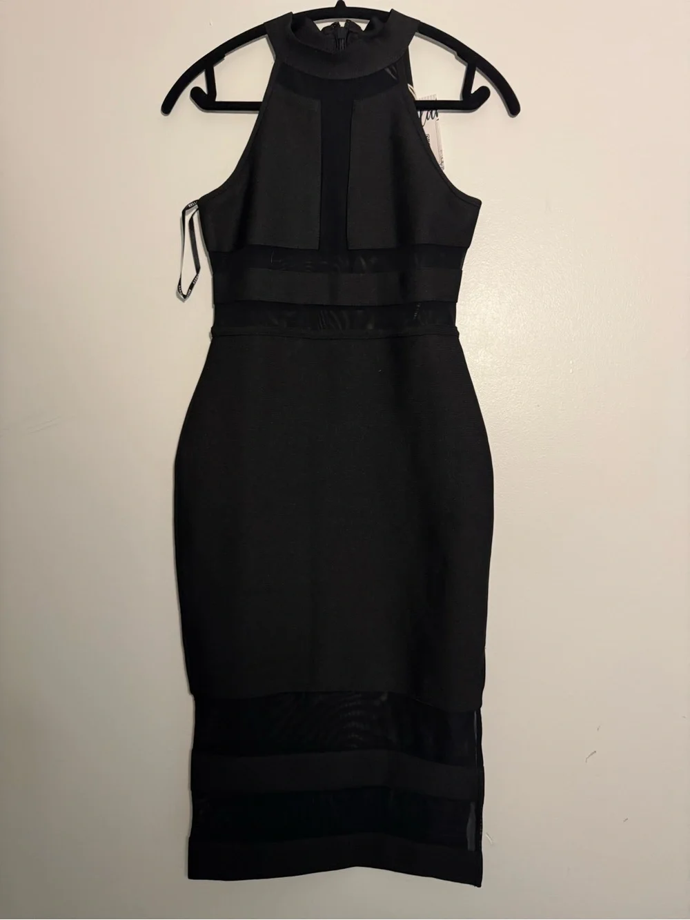 High-Neck Black Midi Bodycon Dress with Mesh Insets - Picture 1 of 8